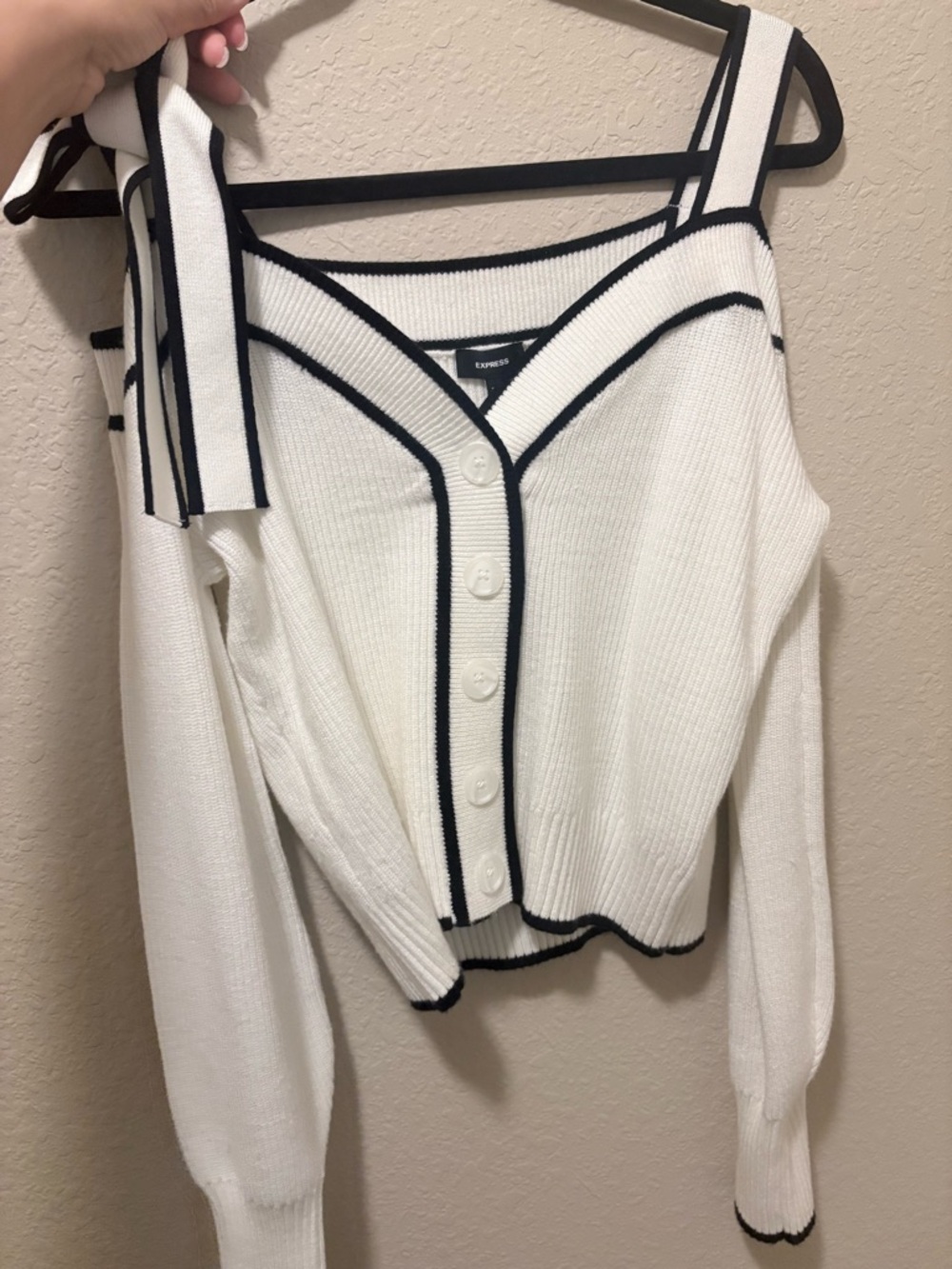 Express White Knit Cardigan with Black Trim and Tie Straps